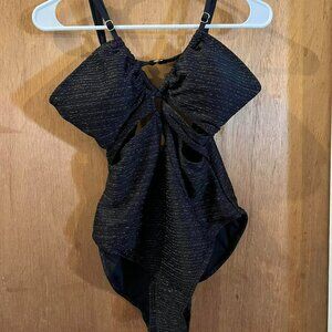 🐻Size L(12/14) - Time & Tru Black w/Gold Sparkles One-Piece Swimsuit